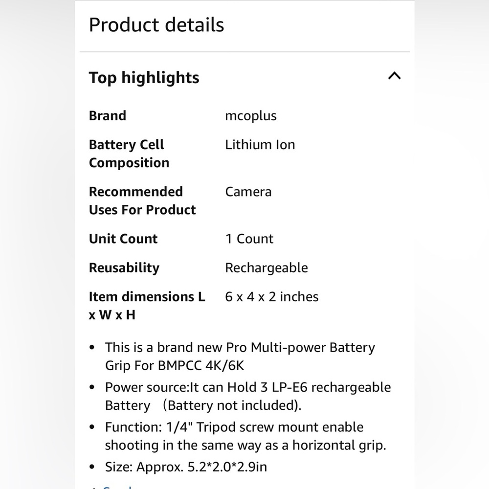 Mcoplus Battery Grip 4 Blackmagic Pocket Cinema Camera bmpcc 4K 6K CameraPocket - Picture 8 of 16